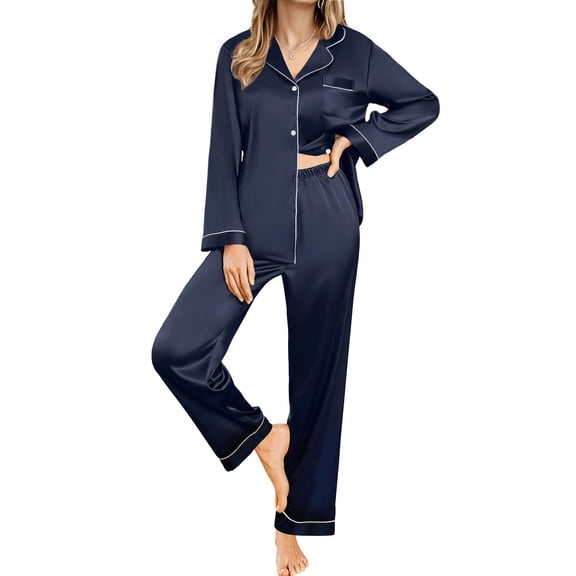 UVN Womens Pajamas Sets Long Sleeve Shirts and Long Pants Two Piece Lounge Sets Fall Satin Silk Pjs Sleepwear Outfits