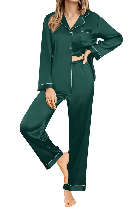 Womens Pajamas Sets Long Sleeve Shirts and Long Pants Two Piece Lounge Sets Fall Satin Silk Pjs Sleepwear Outfits