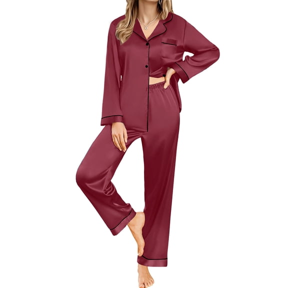 UVN Womens Pajamas Sets Long Sleeve Shirts and Long Pants Two Piece Lounge Sets Fall Satin Silk Pjs Sleepwear Outfits