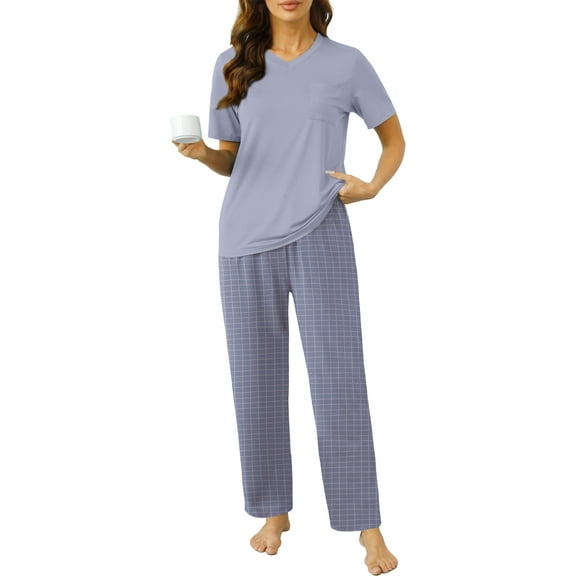 UVN Womens Pajamas Sets Short Sleeve Tops and Long Pants 2 Piece Outfit Casual Loose Sleepwear Nightwear Soft Pjs Lounge Sets