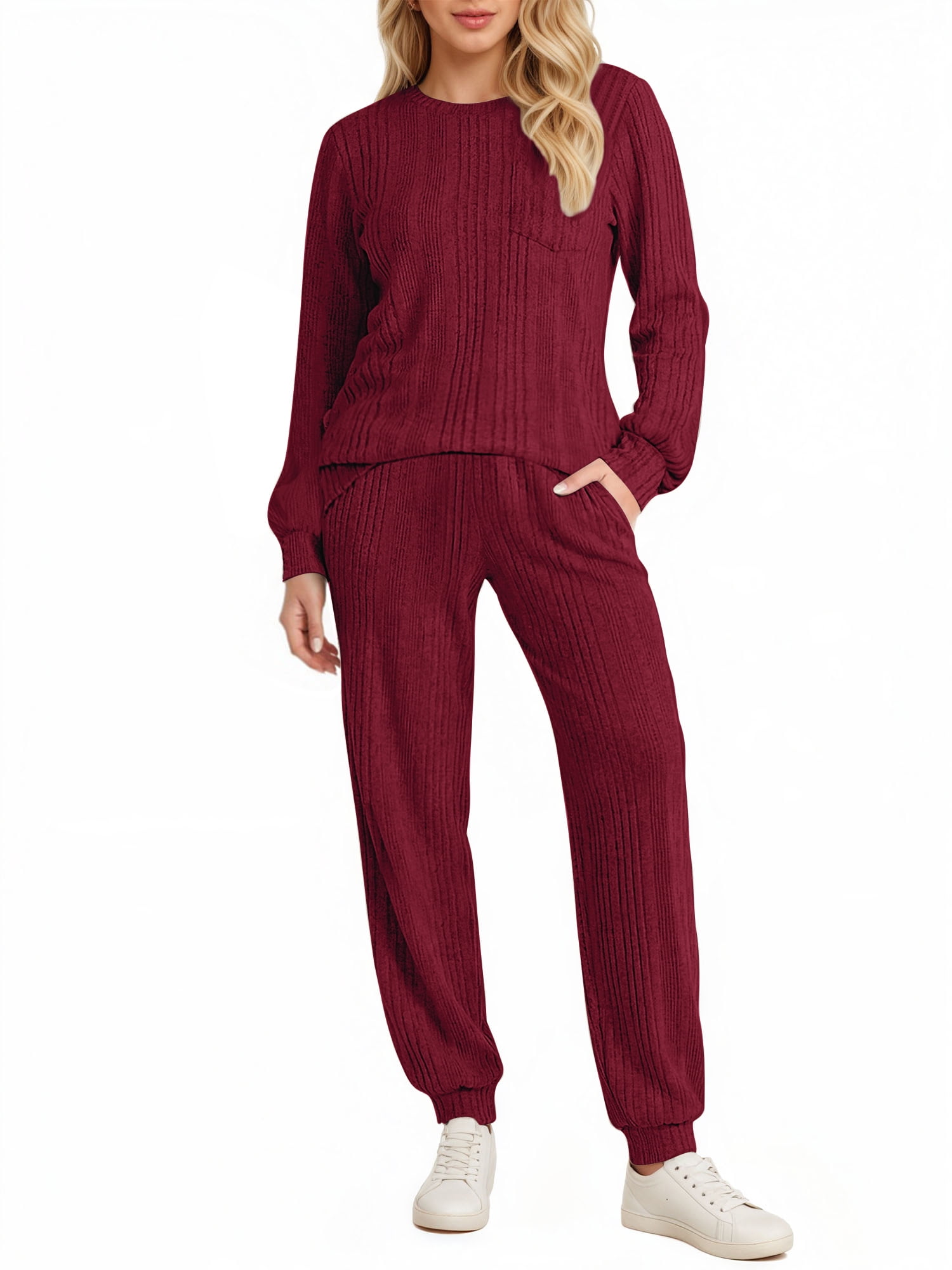 Two Piece Sets for Women Casual Outfits Sets Textured Long Sleeve Shirts and Long Pants Lounge Set Fall Pajama Sets with Pockets