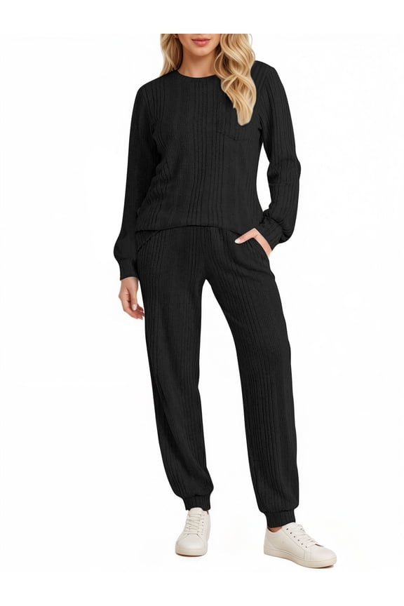 Two Piece Sets for Women Casual Outfits Sets Textured Long Sleeve Shirts and Long Pants Lounge Set Fall Pajama Sets with Pockets