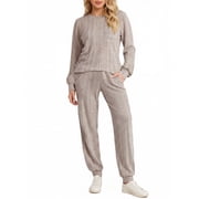 UVN Two Piece Sets for Women Casual Outfits Sets Textured Long Sleeve Shirts and Long Pants Lounge Set Fall Pajama Sets with Pockets