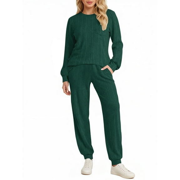 UVN Two Piece Sets for Women Casual Outfits Sets Textured Long Sleeve Shirts and Long Pants Lounge Set Fall Pajama Sets with Pockets