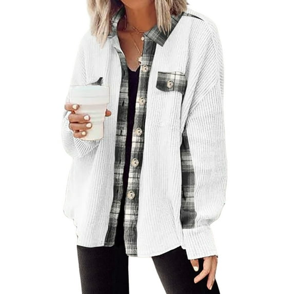 UVN Womens Shacket Jacket Waffle Shirts Long Sleeve Button Down Boyfriend Shirt Coats Side Elastic Thread Tops