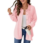 UVN Womens Shacket Jacket Waffle Shirts Long Sleeve Button Down Boyfriend Shirt Coats Side Elastic Thread Tops