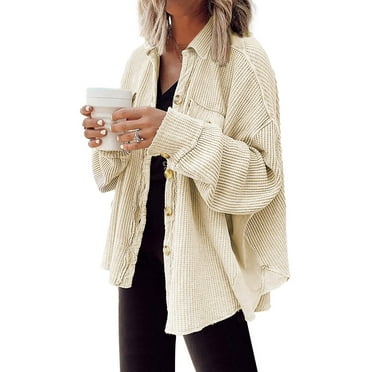 UVN Womens Shacket Jacket Waffle Shirts Long Sleeve Button Down Boyfriend Shirt Coats Side Elastic Thread Tops