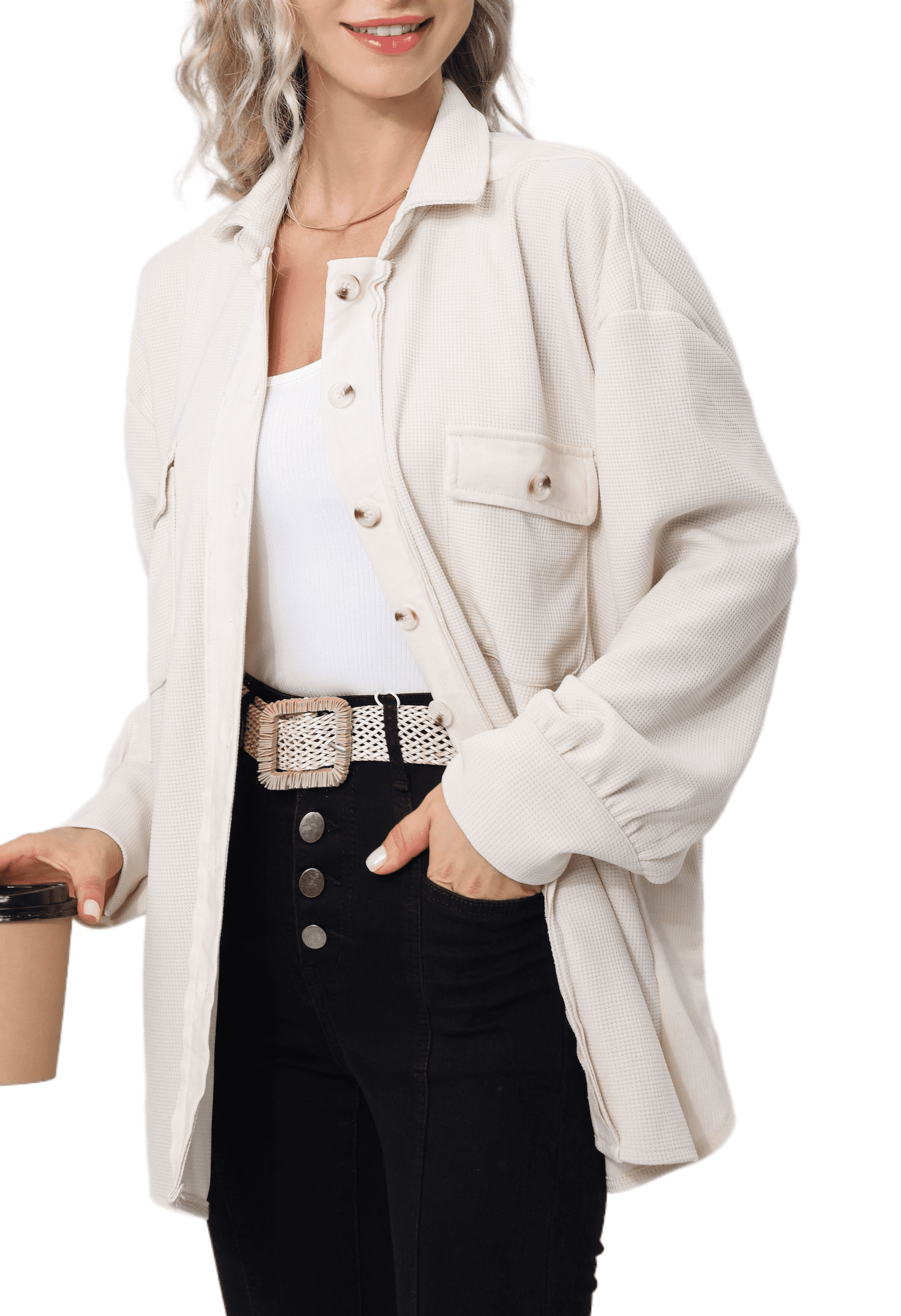 UVN Womens Shacket Jacket Waffle Shirts Long Sleeve Button Down