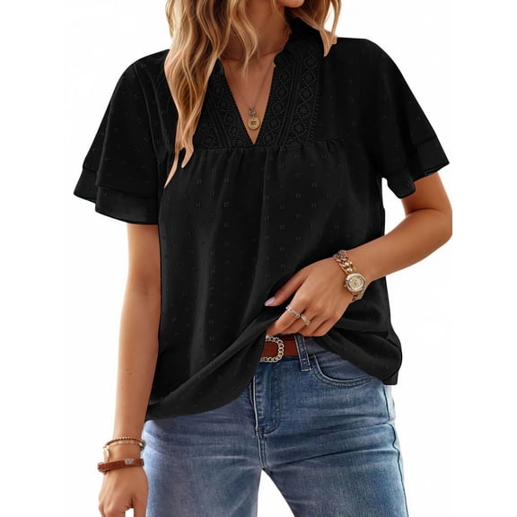 UVN V Neck Shirts for women Summer Lace Butterfly Sleeve Blouses Ladies Casual Flowy Crochet Tops