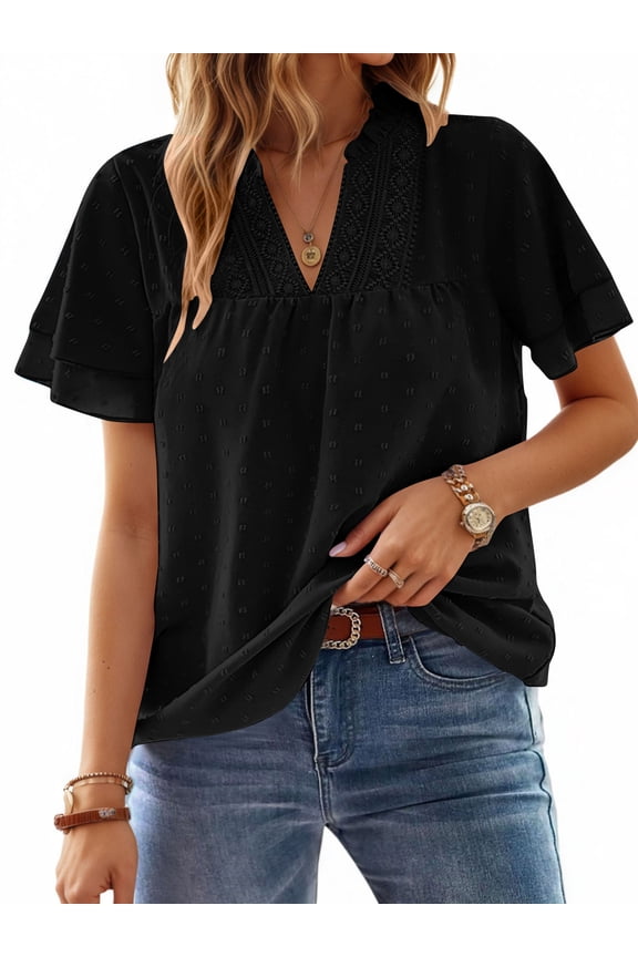 V Neck Shirts for women Summer Lace Butterfly Sleeve Blouses Ladies Casual Flowy Crochet Tops