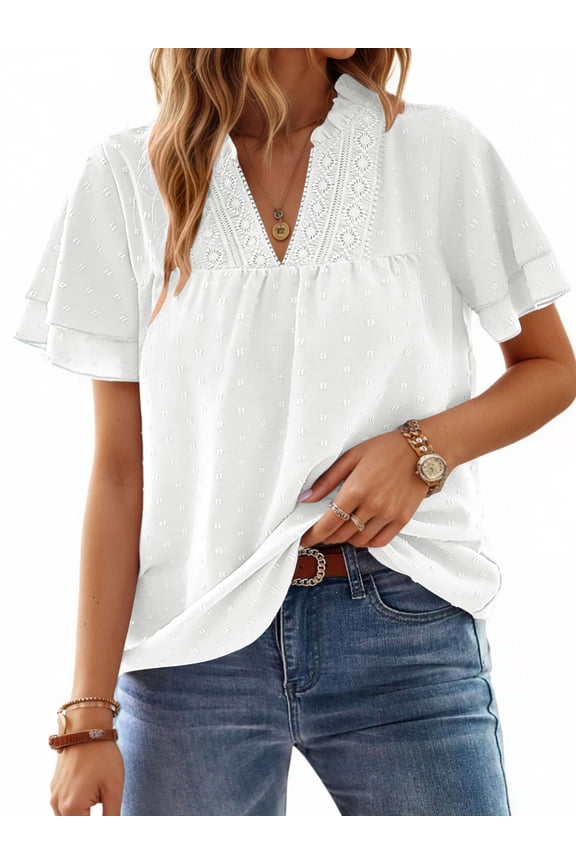 V Neck Shirts for women Summer Lace Butterfly Sleeve Blouses Ladies Casual Flowy Crochet Tops