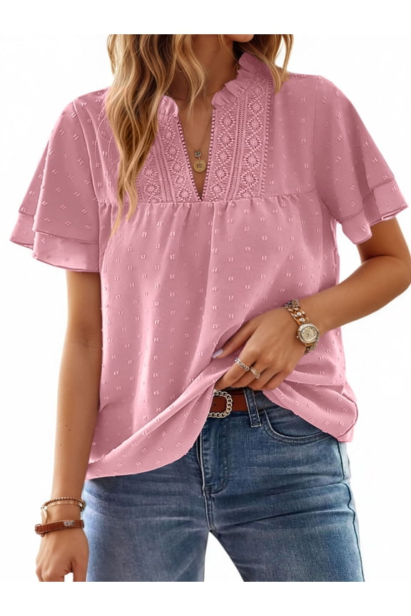 V Neck Shirts for women Summer Lace Butterfly Sleeve Blouses Ladies Casual Flowy Crochet Tops