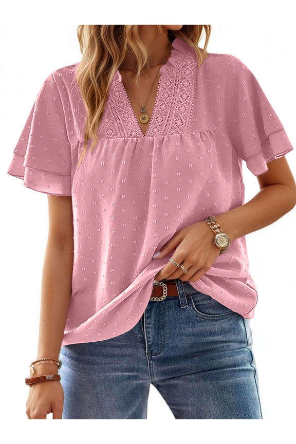 V Neck Shirts for women Summer Lace Butterfly Sleeve Blouses Ladies Casual Flowy Crochet Tops
