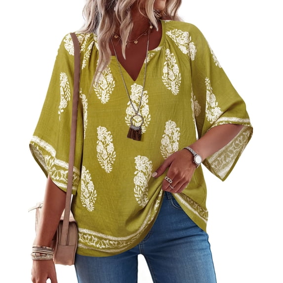 UVN Womens Summer Blouses Bohemian 3/4 Bell Sleeve Shirts for Women V Neck Flowy Casual Pleated Tops