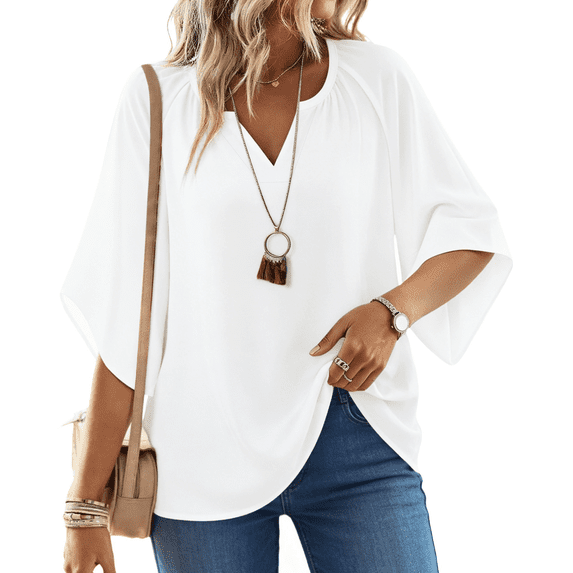 UVN Womens Summer Blouses Bohemian 3/4 Bell Sleeve Shirts for Women V Neck Flowy Casual Pleated Tops