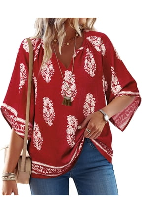 Womens Summer Blouses Bohemian 3/4 Bell Sleeve Shirts for Women V Neck Flowy Casual Pleated Tops