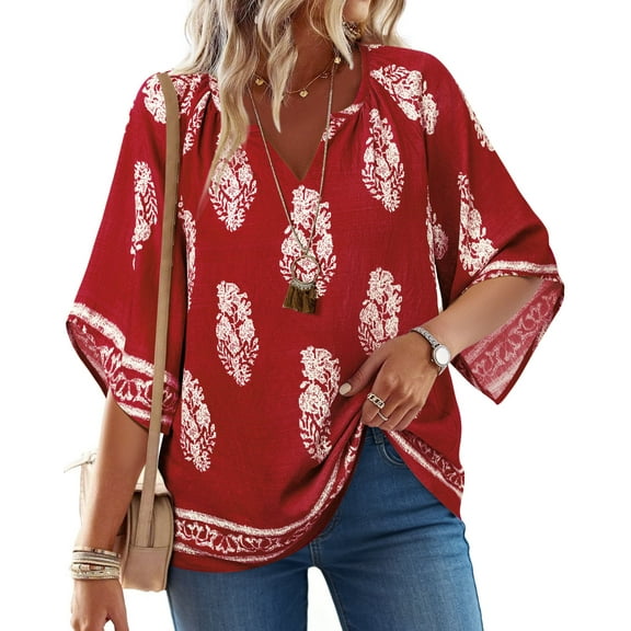 UVN Womens Summer Blouses Bohemian 3/4 Bell Sleeve Shirts for Women V Neck Flowy Casual Pleated Tops