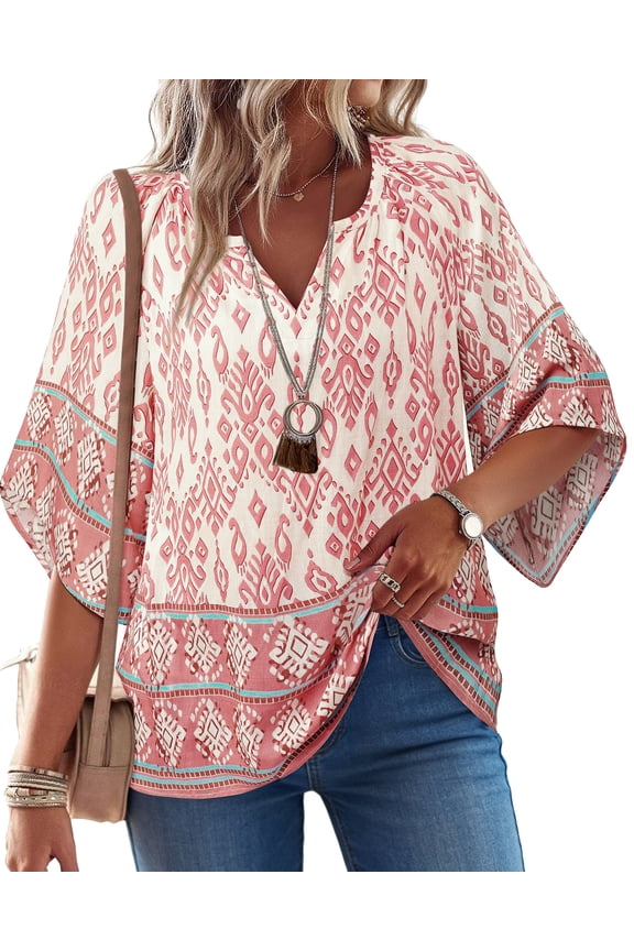 Womens Summer Blouses Bohemian 3/4 Bell Sleeve Shirts for Women V Neck Flowy Casual Pleated Tops