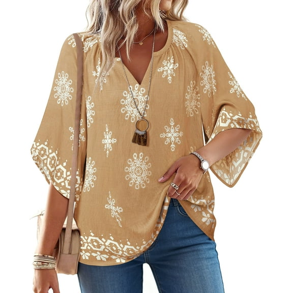 UVN Womens Summer Blouses Bohemian 3/4 Bell Sleeve Shirts for Women V Neck Flowy Casual Pleated Tops