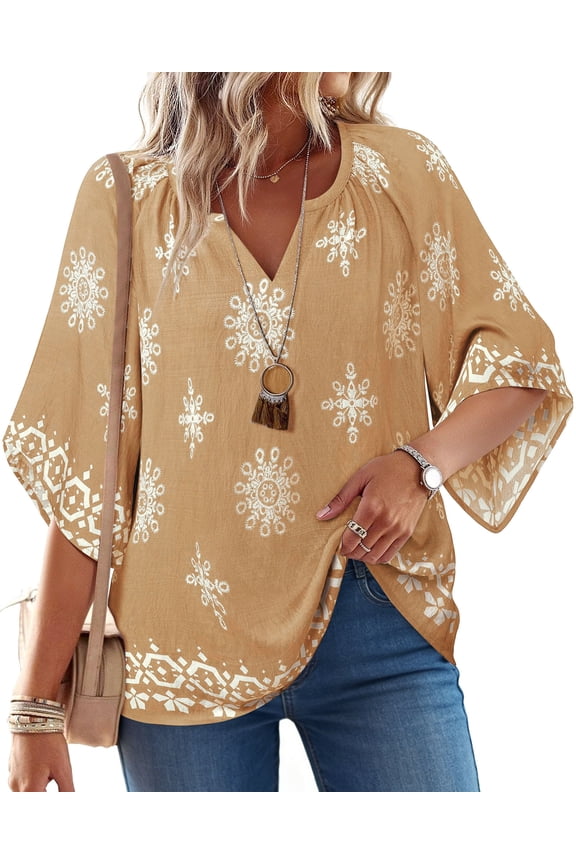 Womens Summer Blouses Bohemian 3/4 Bell Sleeve Shirts for Women V Neck Flowy Casual Pleated Tops