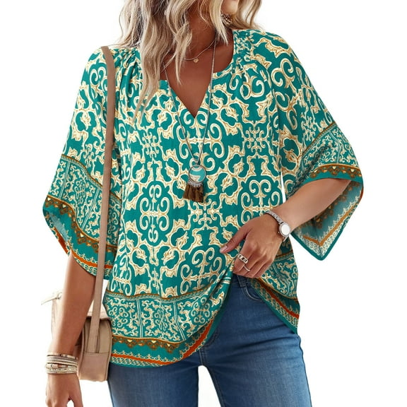 UVN Womens Summer Blouses Bohemian 3/4 Bell Sleeve Shirts for Women V Neck Flowy Casual Pleated Tops