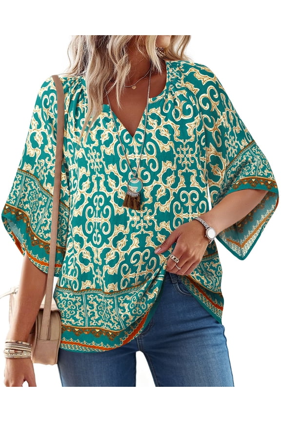 Womens Summer Blouses Bohemian 3/4 Bell Sleeve Shirts for Women V Neck Flowy Casual Pleated Tops