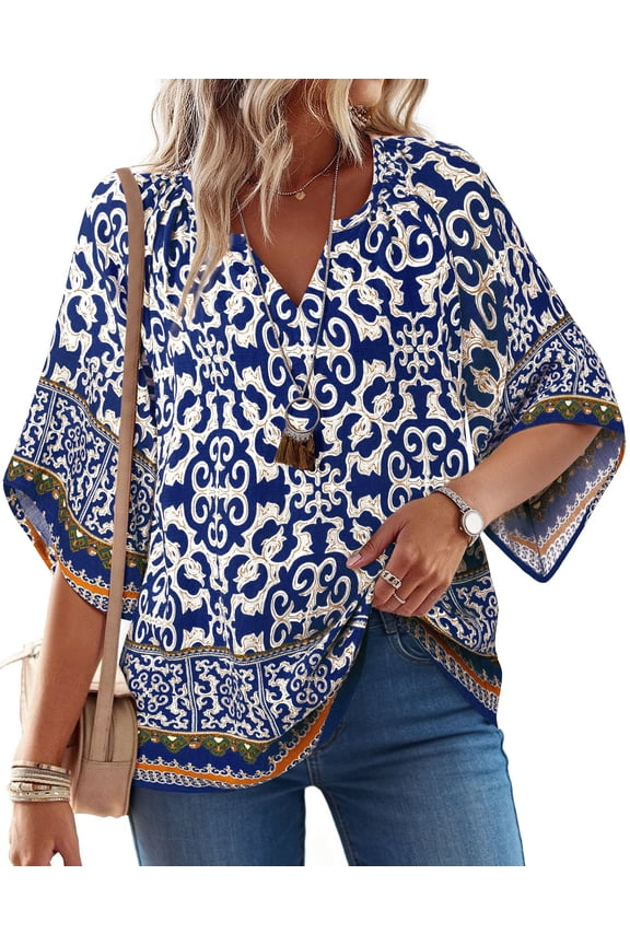 Womens Summer Blouses Bohemian 3/4 Bell Sleeve Shirts for Women V Neck Flowy Casual Pleated Tops