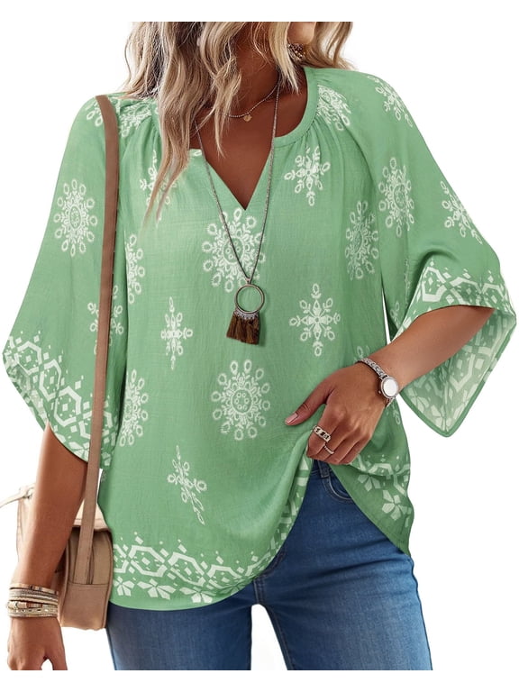 Womens Summer Blouses Bohemian 3/4 Bell Sleeve Shirts for Women V Neck Flowy Casual Pleated Tops