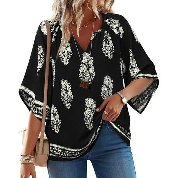 UVN Womens Summer Blouses Bohemian 3/4 Bell Sleeve Shirts for Women V Neck Flowy Casual Pleated Tops