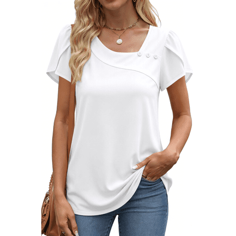 Womens Summer Blouses Short Petal Sleeve Square Neck Ladies Button Shirts Dressy Casual Tunic Tops