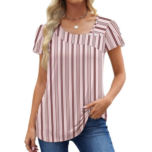 UVN Womens Summer Blouses Short Petal Sleeve Square Neck Ladies Button Shirts Dressy Casual Tunic Tops