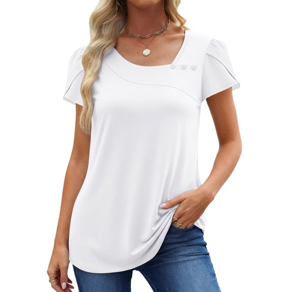 UVN Womens Summer Blouses Short Petal Sleeve Square Neck Ladies Button Shirts Dressy Casual Tunic Tops