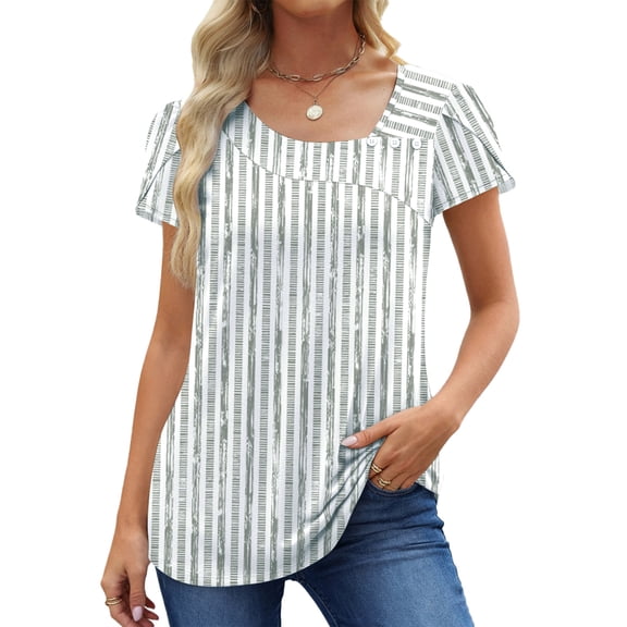 UVN Womens Summer Blouses Short Petal Sleeve Square Neck Ladies Button Shirts Dressy Casual Tunic Tops