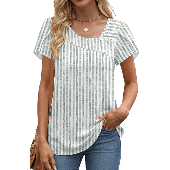 UVN Womens Summer Blouses Short Petal Sleeve Square Neck Ladies Button Shirts Dressy Casual Tunic Tops