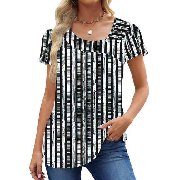 UVN Womens Summer Blouses Short Petal Sleeve Square Neck Ladies Button Shirts Dressy Casual Tunic Tops