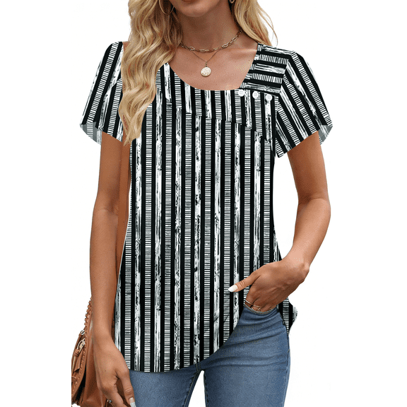 UVN Womens Summer Blouses Short Petal Sleeve Square Neck Ladies Button Shirts Dressy Casual Tunic Tops