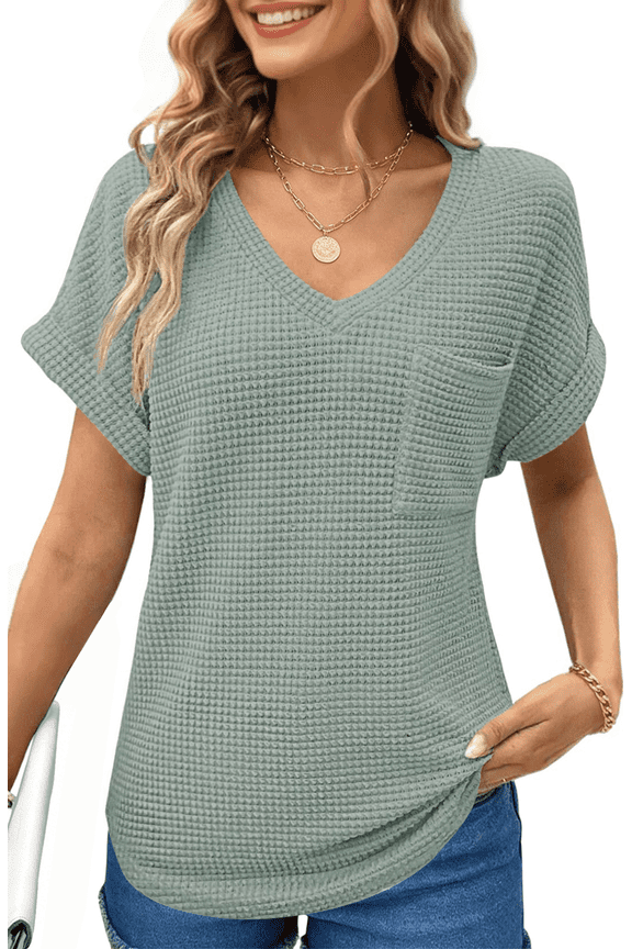 Womens Summer Tops Short Sleeve V Neck Blouses Ladies Casual Waffle Knit Trendy Tunic Shirts