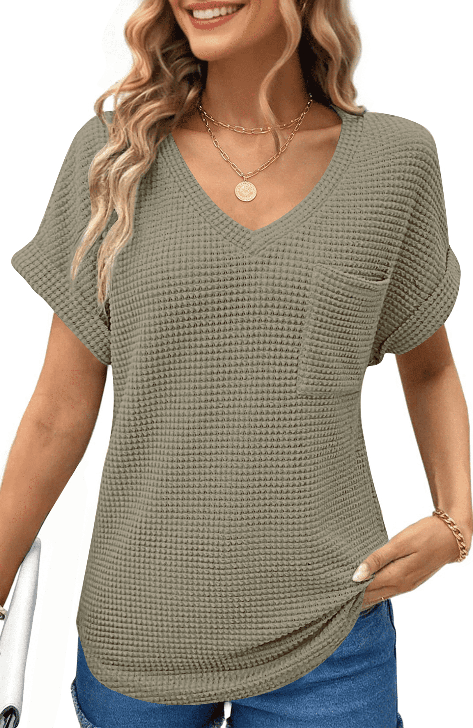 UVN Womens Summer Tops Short Sleeve V Neck Blouses Ladies Casual Waffle ...