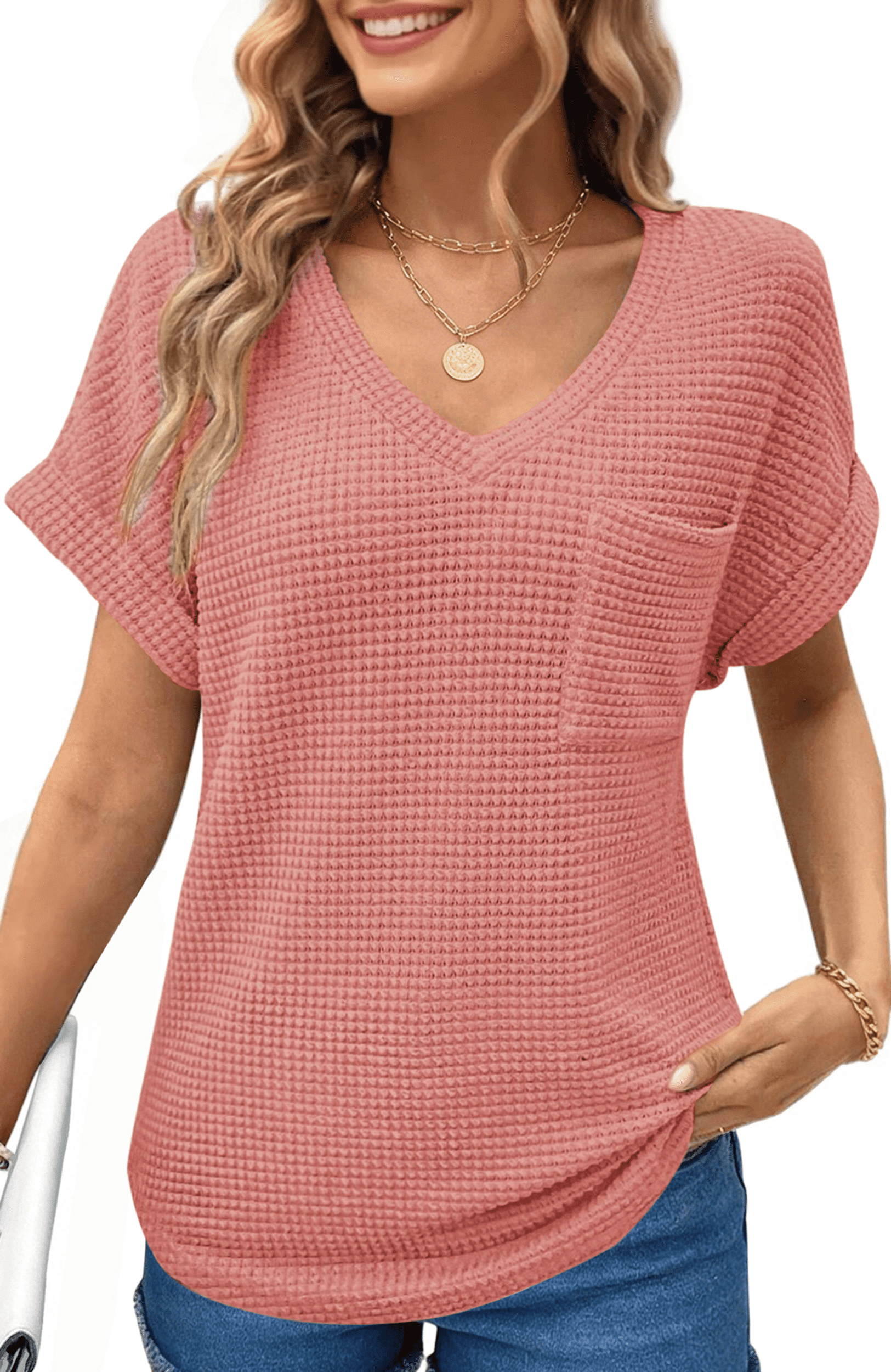 UVN Womens Summer Tops Short Sleeve V Neck Blouses Ladies Casual Waffle ...