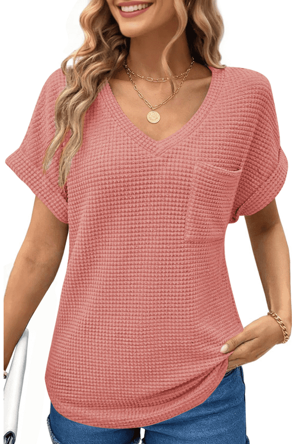 Womens Summer Tops Short Sleeve V Neck Blouses Ladies Casual Waffle Knit Trendy Tunic Shirts
