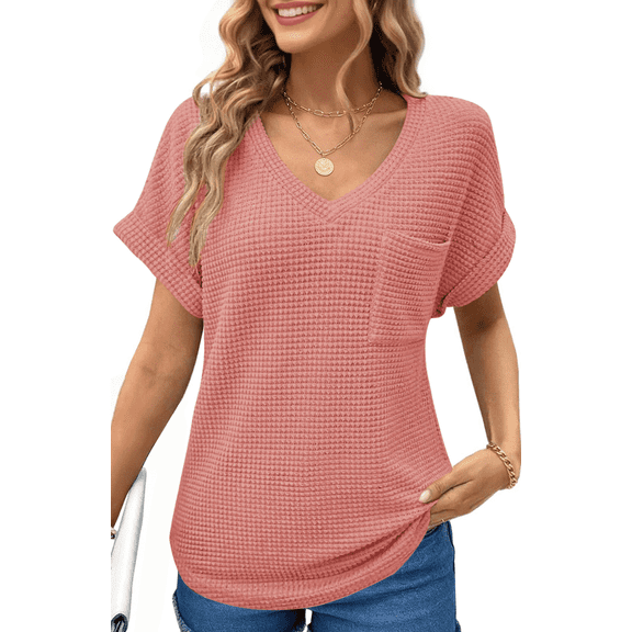 UVN Womens Summer Tops Short Sleeve V Neck Blouses Ladies Casual Waffle Knit Trendy Tunic Shirts