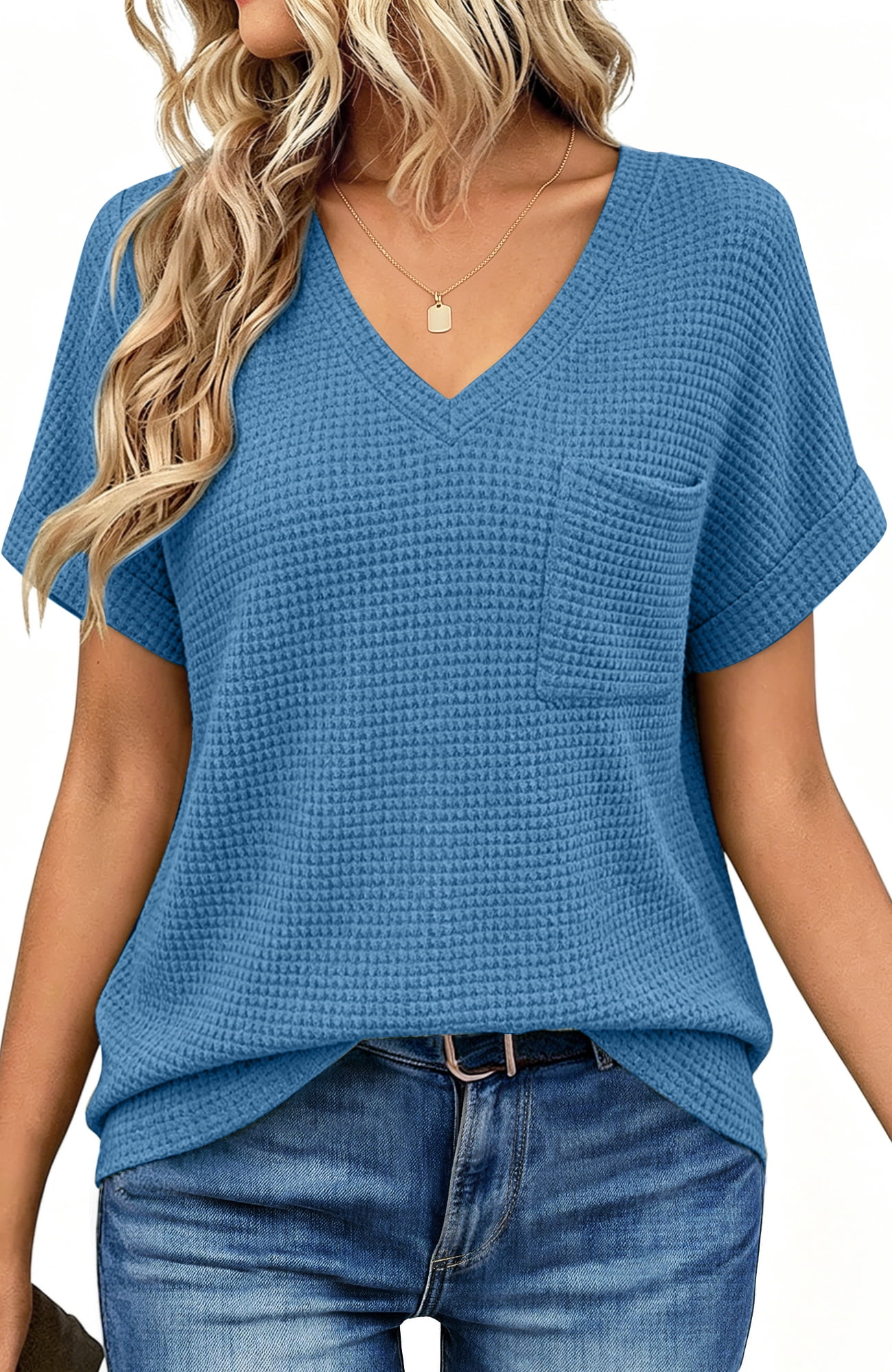 UVN Womens Summer Tops Short Sleeve V Neck Blouses Ladies Casual Waffle ...