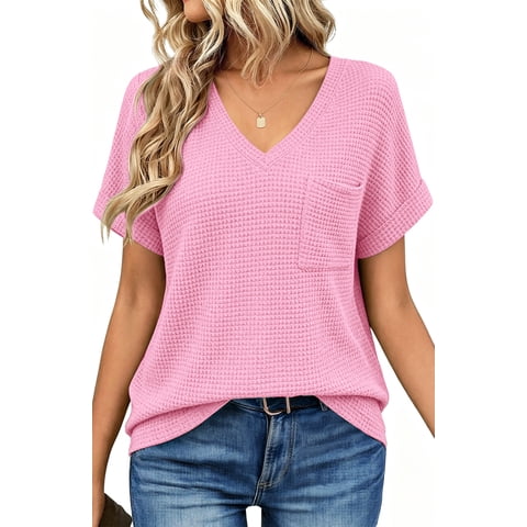 Womens Summer Tops Short Sleeve V Neck Blouses Ladies Casual Waffle Knit Trendy Tunic Shirts