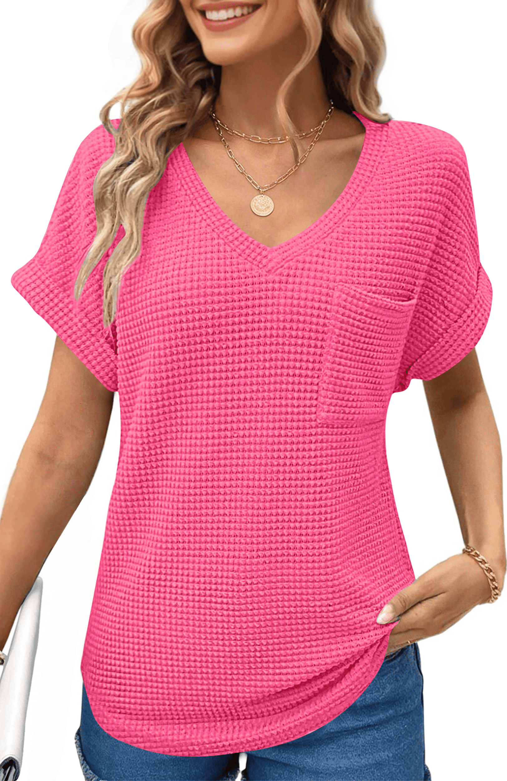 UVN Womens Summer Tops Short Sleeve V Neck Blouses Ladies Casual Waffle ...