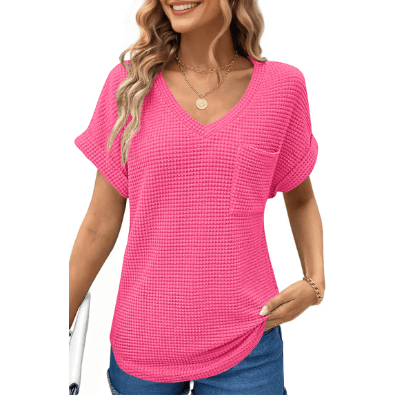 UVN Womens Summer Tops Short Sleeve V Neck Blouses Ladies Casual Waffle Knit Trendy Tunic Shirts