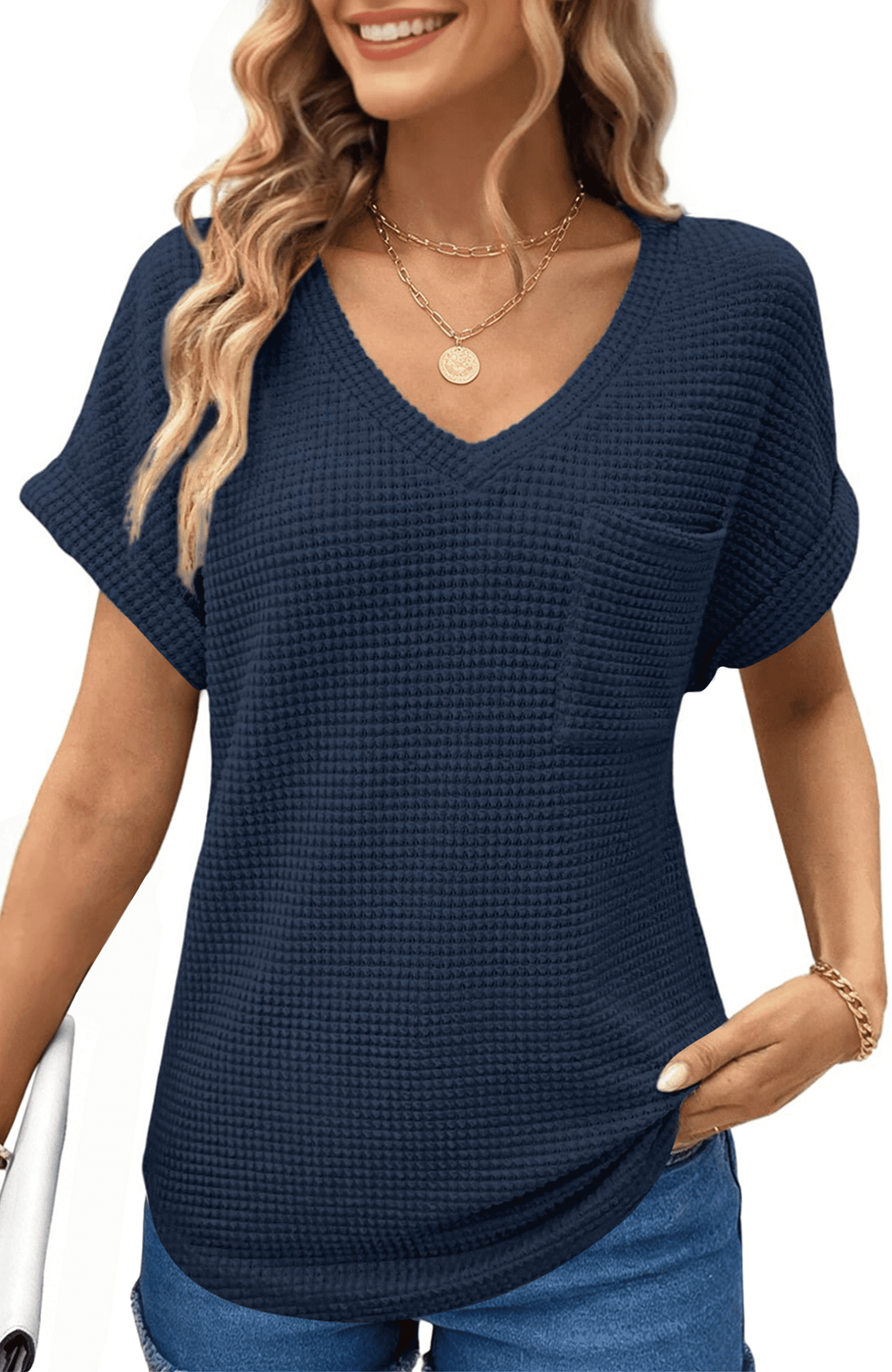UVN Womens Summer Tops Short Sleeve V Neck Blouses Ladies Casual Waffle ...