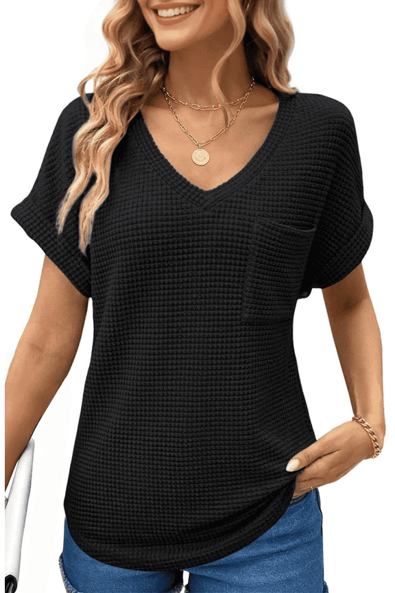 Womens Summer Tops Short Sleeve V Neck Blouses Ladies Casual Waffle Knit Trendy Tunic Shirts