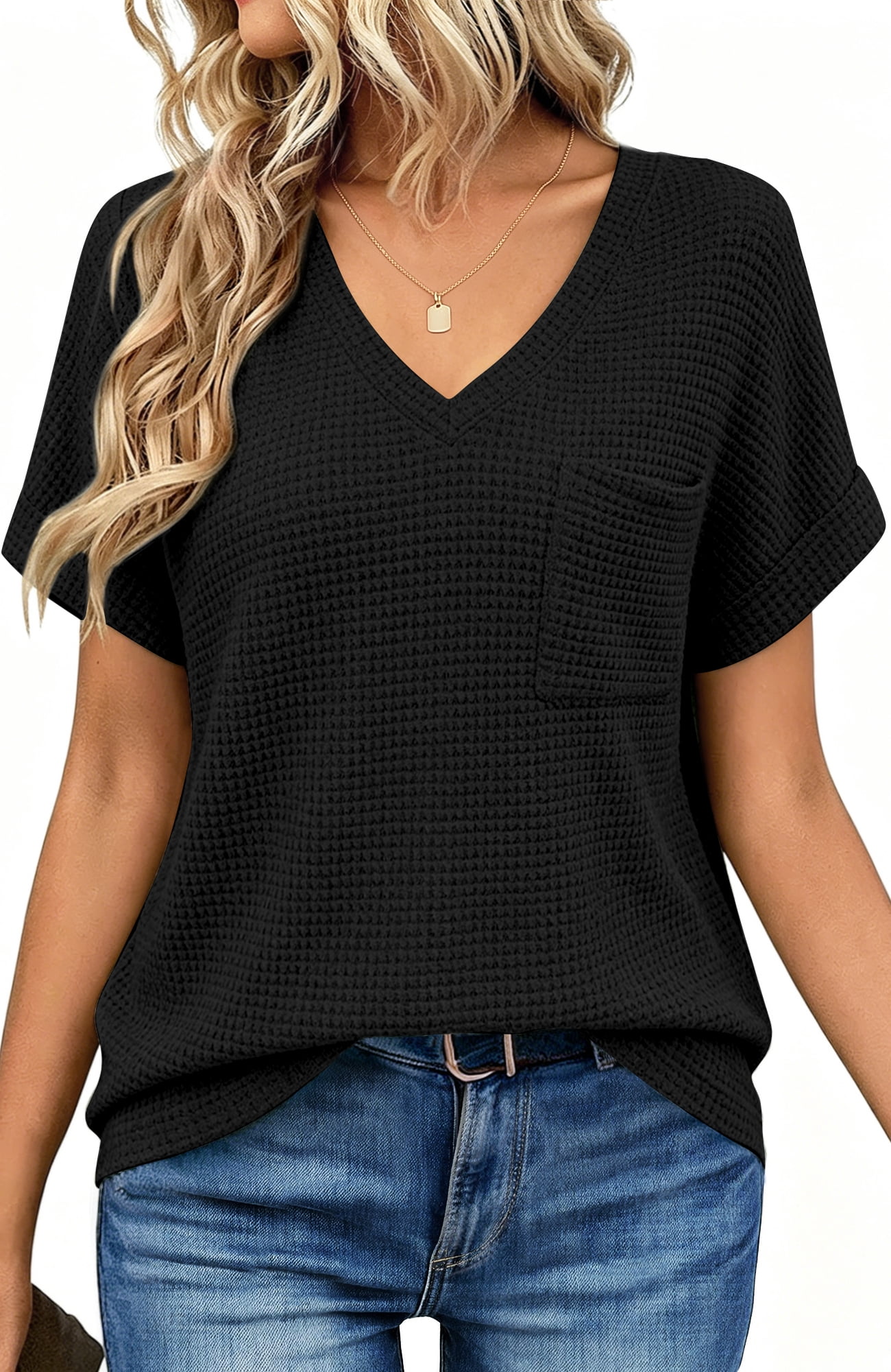 UVN Womens Summer Tops Short Sleeve V Neck Blouses Ladies Casual Waffle ...
