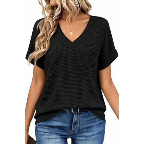 Womens Summer Tops Short Sleeve V Neck Blouses Ladies Casual Waffle Knit Trendy Tunic Shirts