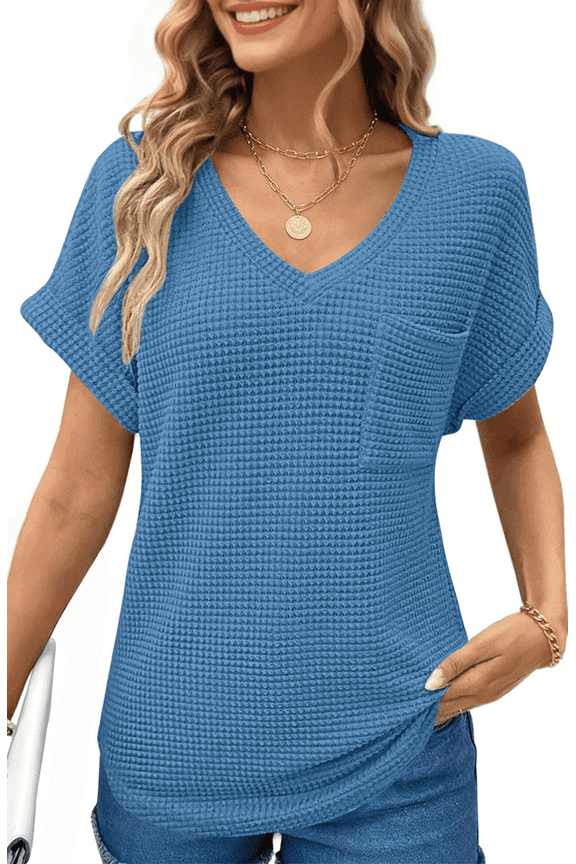 Womens Summer Tops Short Sleeve V Neck Blouses Ladies Casual Waffle Knit Trendy Tunic Shirts